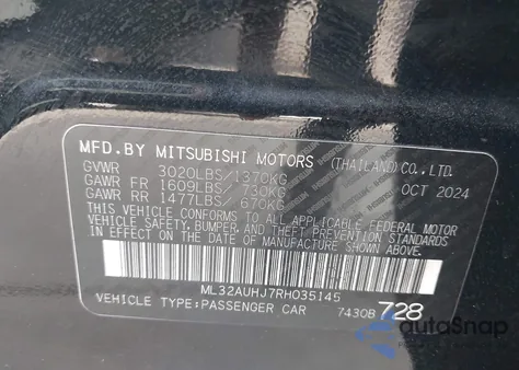 2024 Mitsubishi Mirage Es/Le z USA, uszkodzony, nr VIN ML32AUHJ7RH035145